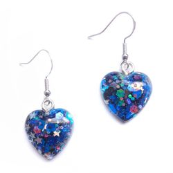 Heart shaped dangle earrings black blue holographic star glitter sterling silver hooks