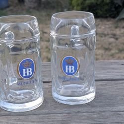 Pair of 6" Hofbräuhaus München HB Beer Stein Glass Mugs - German Brewery Souvenirs

