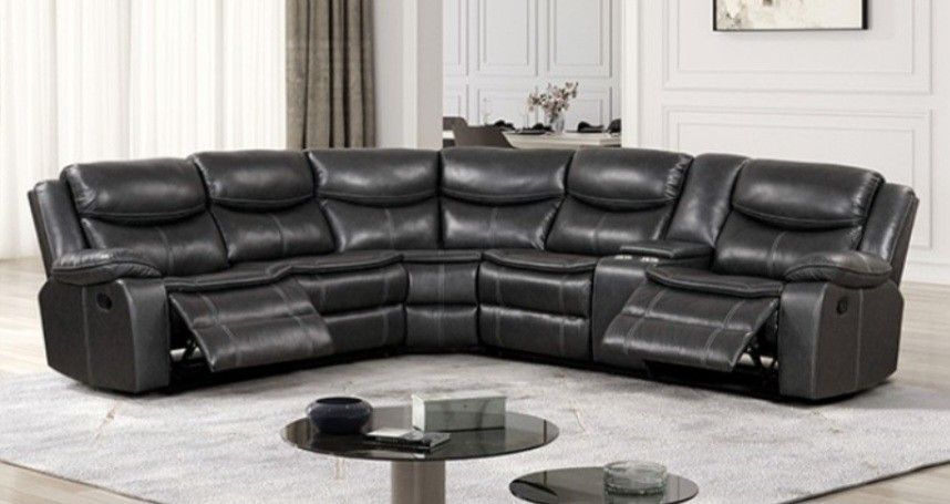 Brand New Grey Leather Reclining Sectional Sofa
