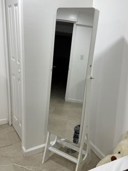 White Floor Standing Jewelry Armoire Mirror