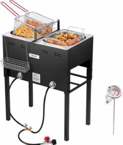Outdoor Propane Fryer, Commercial Large Capacity 16QTx2 Dual Tank Deep Fryer, Stainless Steel Fish Fryer