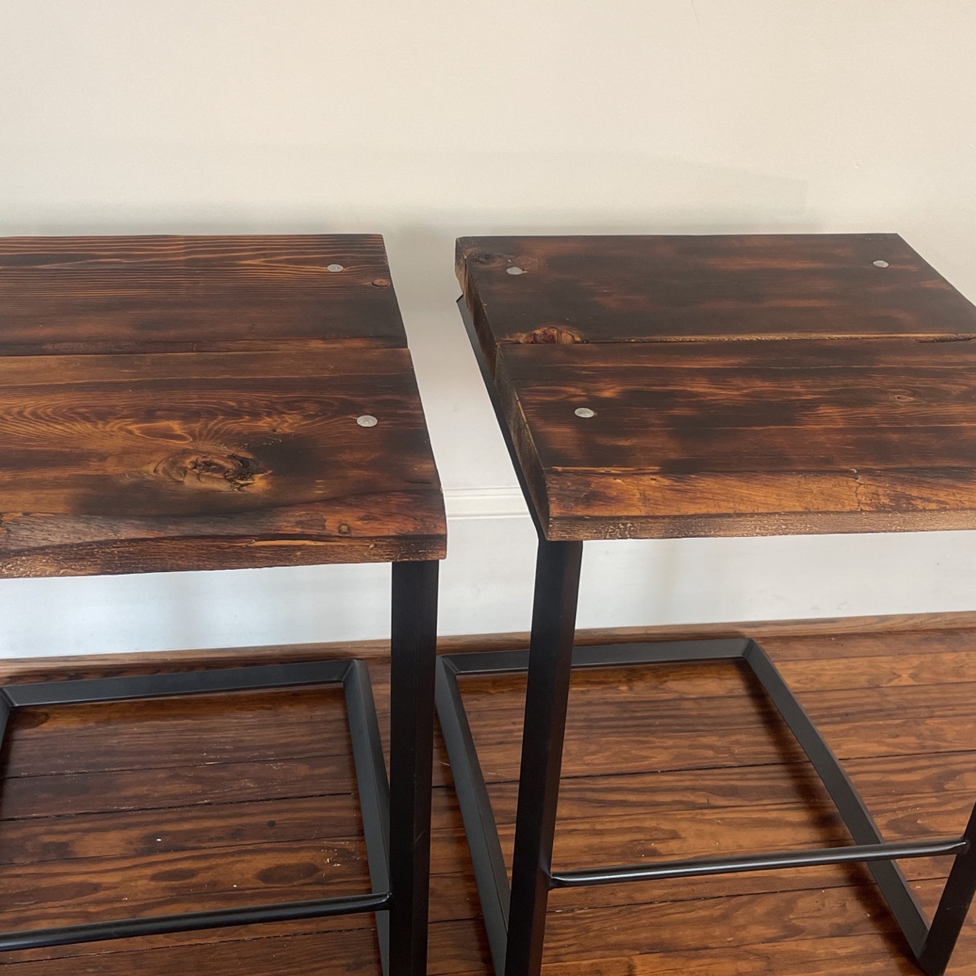 Rustic Burned Wood Bar Stools