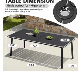 Patio Dining Table for 6, 70" Rectangular Outdoor Table Wood-Grain Tabletop Metal Frame Deck Table with 1.6" Umbrella Hole for Backyard, Balcony, Gard