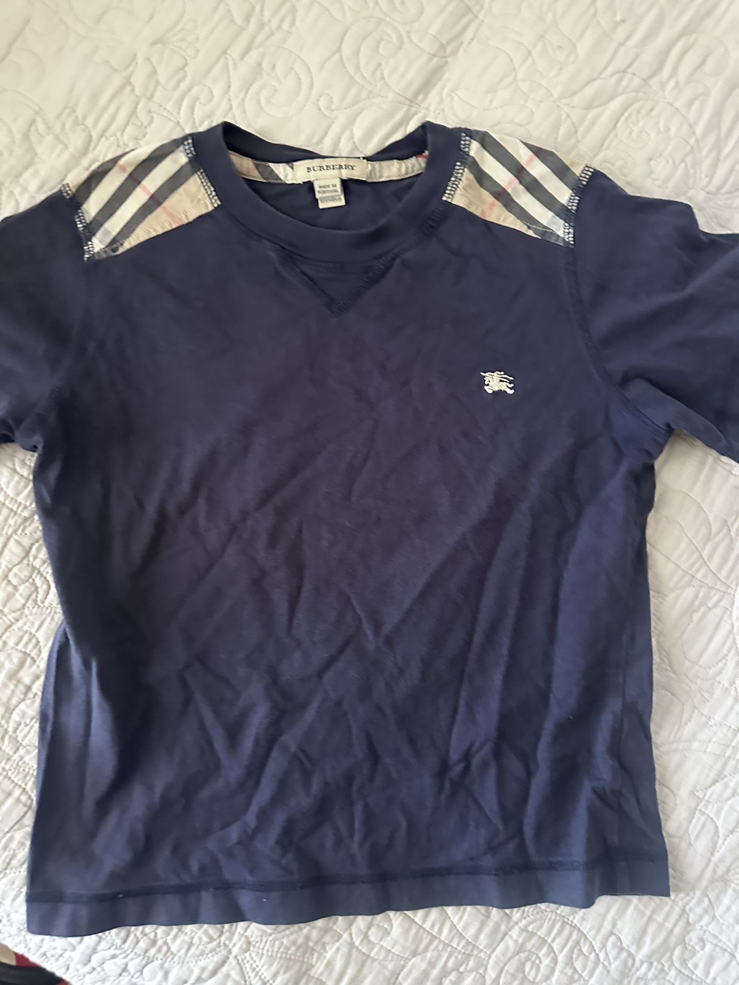 Boys Burberry Designer T Shirt Navy Check Plaid Youth 10/140 CM