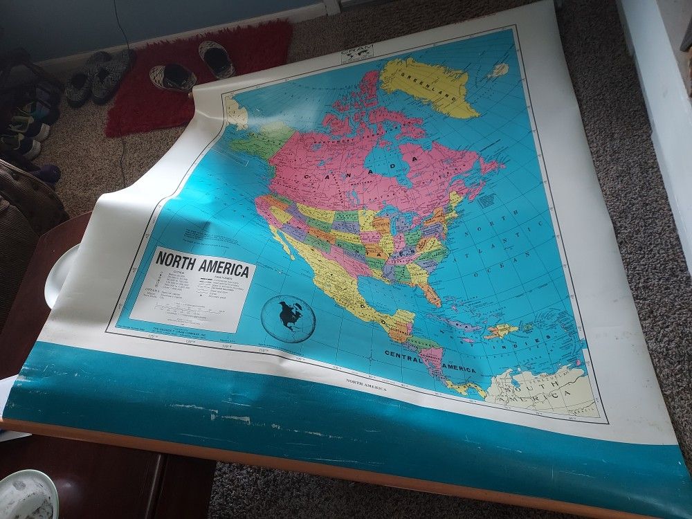 Huge VINTAGE George F.Cram School PULL DOWN Map Of North America Make Offer