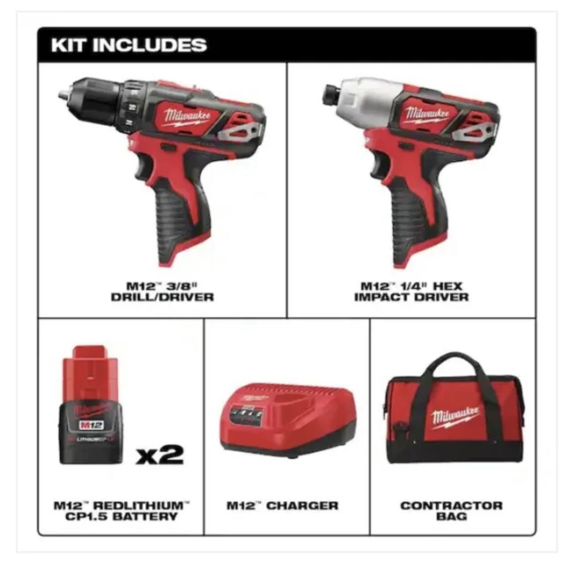 M12 12V Lithium-Ion Cordless Drill Driver/Impact Driver Combo Kit w/ Two 1.5Ah Batteries, Charger Tool Bag (2-Tool)