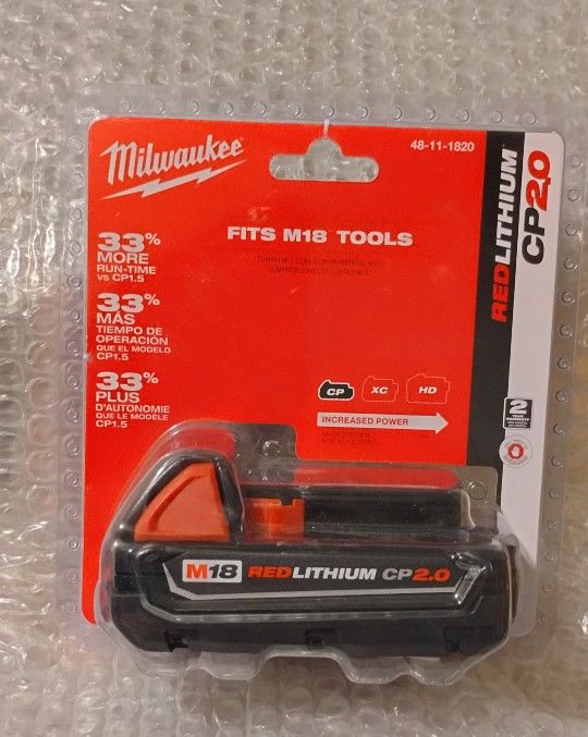 
Milwaukee
M18  2.0 Ah Lithium-Ion Compact Battery
 $30... Firm On Price... Brand New ..