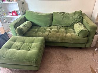Green Velvet Article Couch and Ottoman