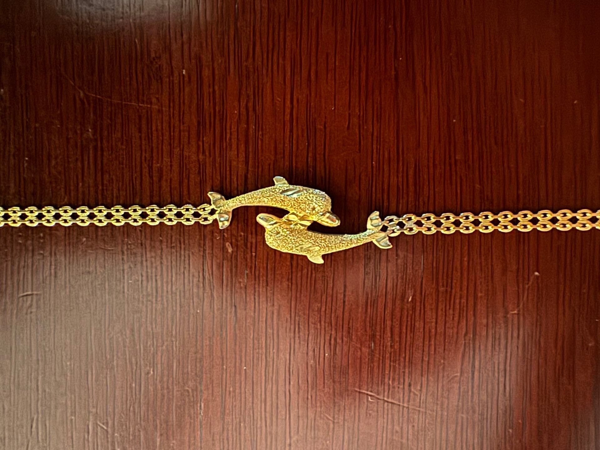 14K Gold  Double Chain Bracelet with Two Dolphins