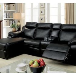 Black Faux Leather Sectional Sofa With Recliner 