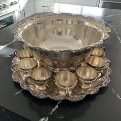 Silver Punch Bowl With 12 Cups