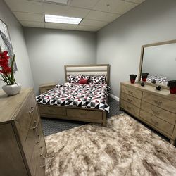 Queen bed frame with storage dresser and mirror $1,150