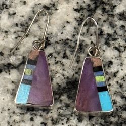 Beautiful Signed David Aguilar Multi-stone Native American Earrings. Signed DA, Tested Sterling Silver but not marked. Approximately 3/4” tall.
