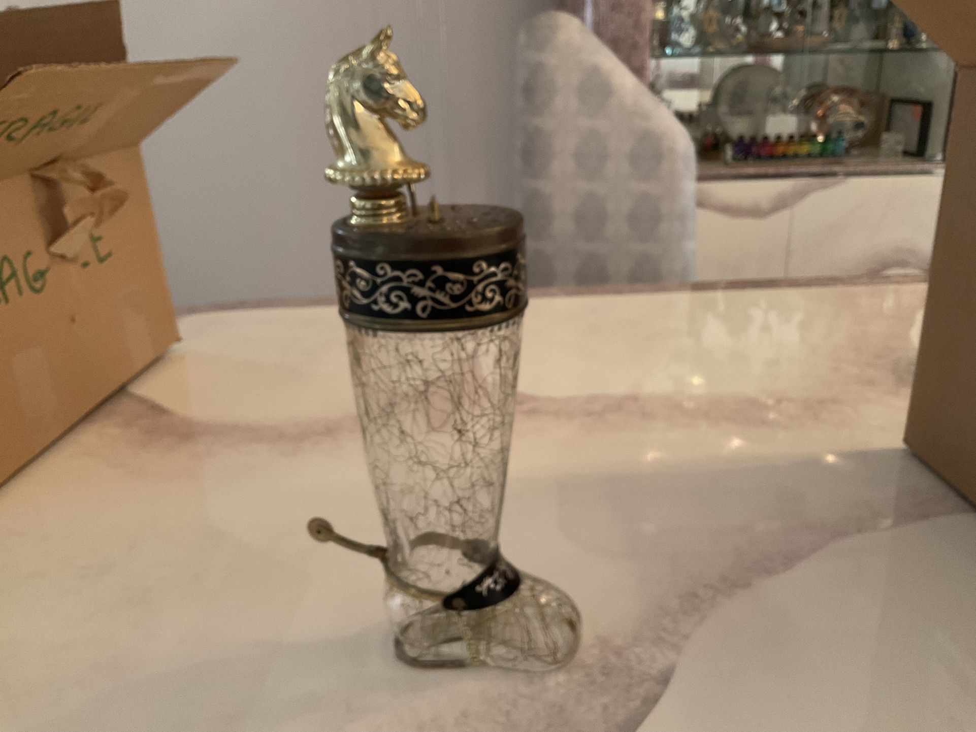 Vintage 1960s decanter glass boot with music box