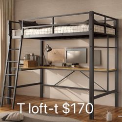 Metal Loft Bed Twin Size with Desk, Heavy Duty Twin Bed Frame(loft-T)