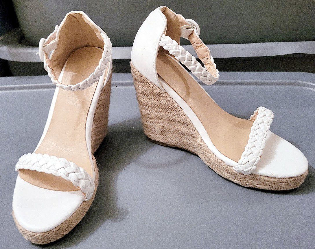 White Canvas Wedged Heeled Sandals 