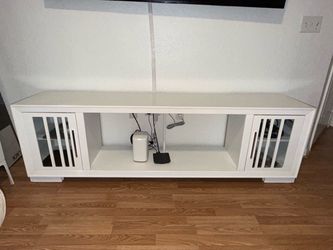 White TV Stand with Glass Door Cabinets
