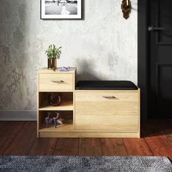   NATURAL OAK SHOE STORAGE ENTRYWAY BENCH WITH DRAWER AND SHELVES   