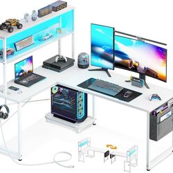 DK84 $80  L Shaped Desk Gaming Desk with LED Light & Power Outlet, 53 Inch Reversible L Shaped Computer Table with Shelf, Corner Desk with Storage Bag