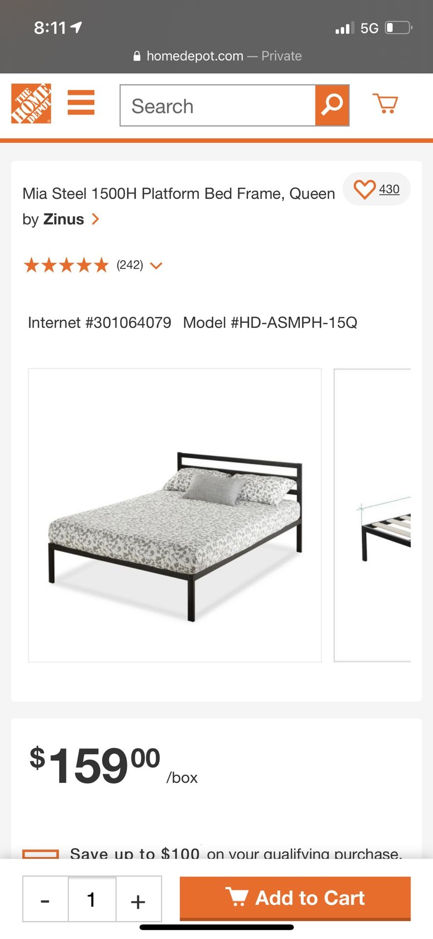Zinus bed frame with headboard queen and full available. New in box, just frame and headboard no mat