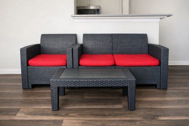 Modern Wicker Patio Set – 2 Chairs + Table (Red Cushions)