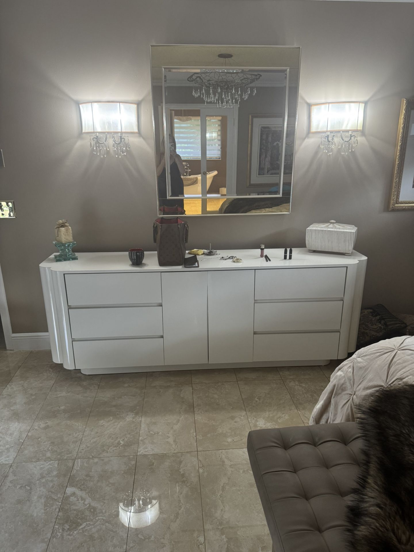 Custom Ivory creme laquer bedroom dresser. Art Deco style