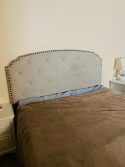 Queen bed, headboard, side rails, box spring, mattress