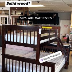 Solid Wood Twin Full Bunk Bed With Mattresses NEW 