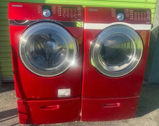 SAMSUNG RED STEAM SMART JUMBO FRONT LOAD WASHER AND GAS DRYER SET WITH PEDESTAL