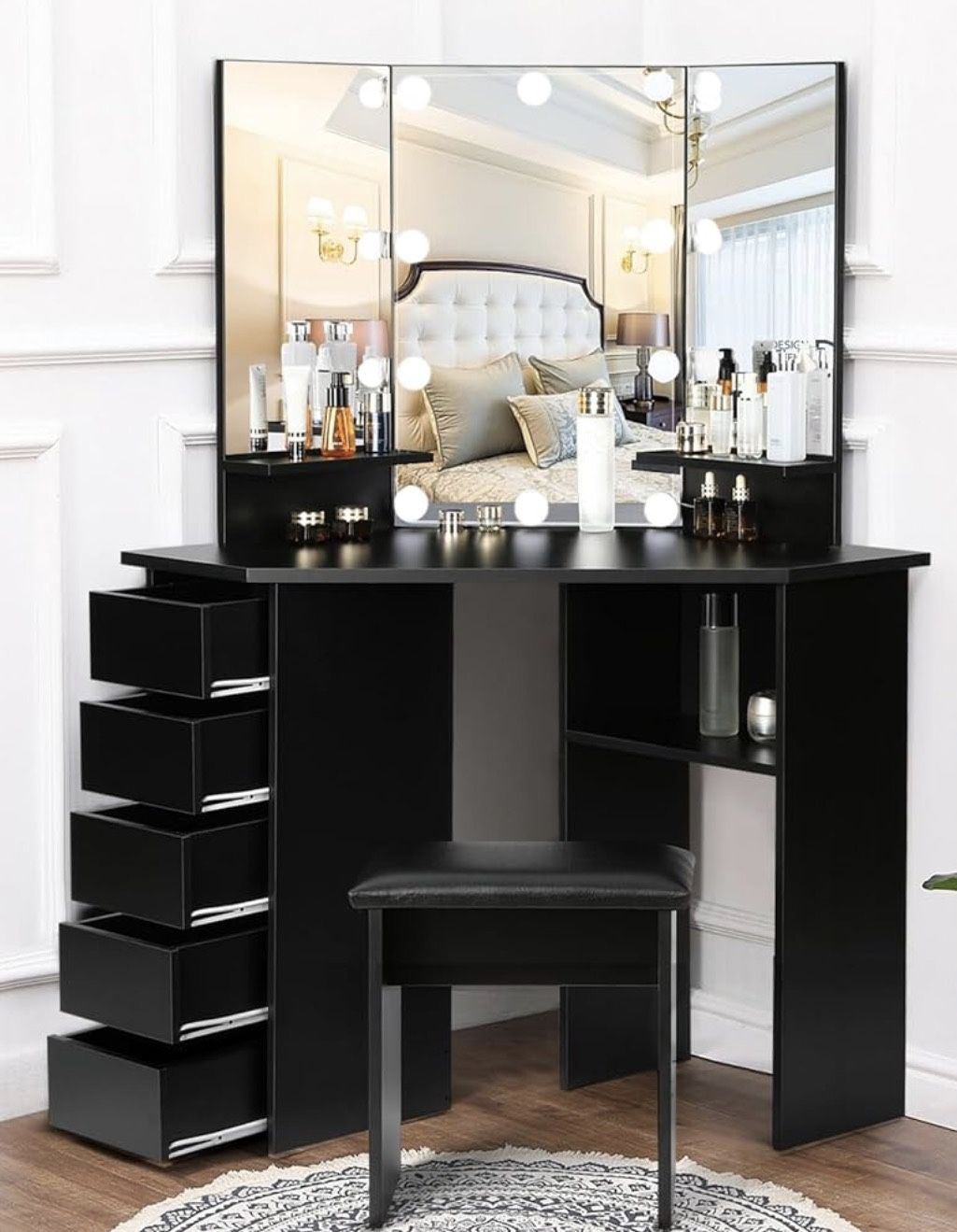 Vanity Desk with Mirror and Lights - Vanity with 3 Lighting Options, Adjustable Brightness, Vanity Set with 5 Sliding Drawers, Shelves and Vanity Stoo