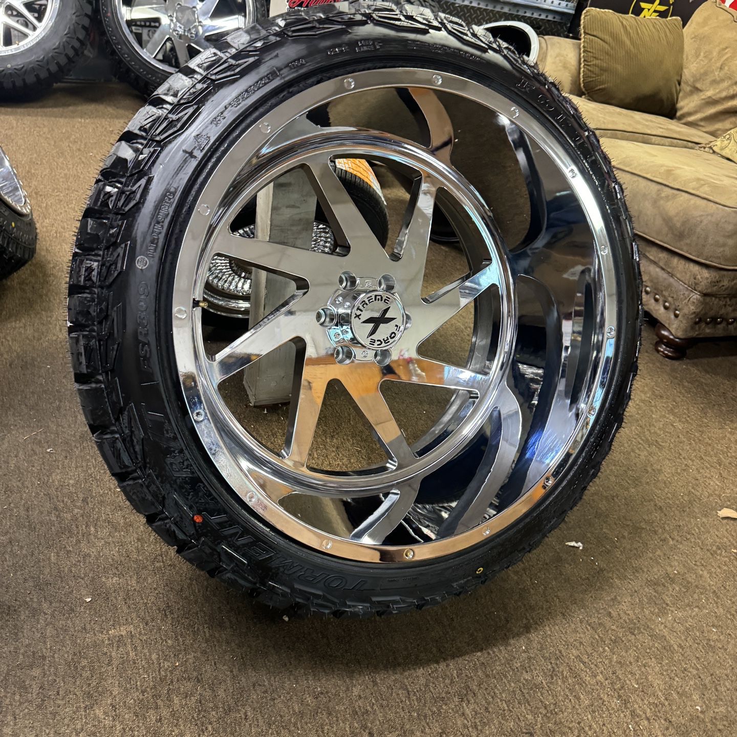 24x14 Chrome Wheels On 35125024 Brand new wheels and tires Installed mounted and balenced 6x139  Hevy Gmc 