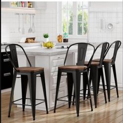 We Have Delivery Yongqiang Black Metal Bar Stools Set of 4 Bar Height Stools Kitchen Island Barstools Industrial High Back Bar Chairs with Large 
