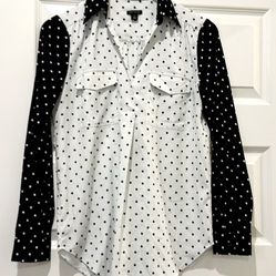 Ann Taylor Polka Dot Black White Long Sleeve Botton Down Shirt Top Blouse Women's Size Xl Extra Large 