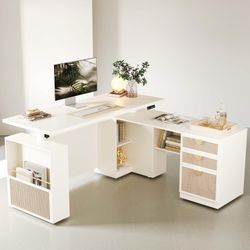Assembled 63" Standing Desk with File Cabinet, Privacy Panel, AC/USB, 1.18" Desktop, Executive L Shaped Height Adjustable Desk, Electric Stand Up Tabl
