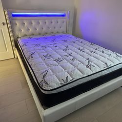 Queen Bed Platform Bed W/ Built-In LED Lights  Color: withe / Mattress Included.