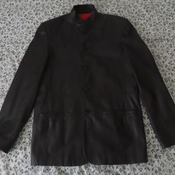 mens shanghai tang leather button up jacket sz 34 silk lining