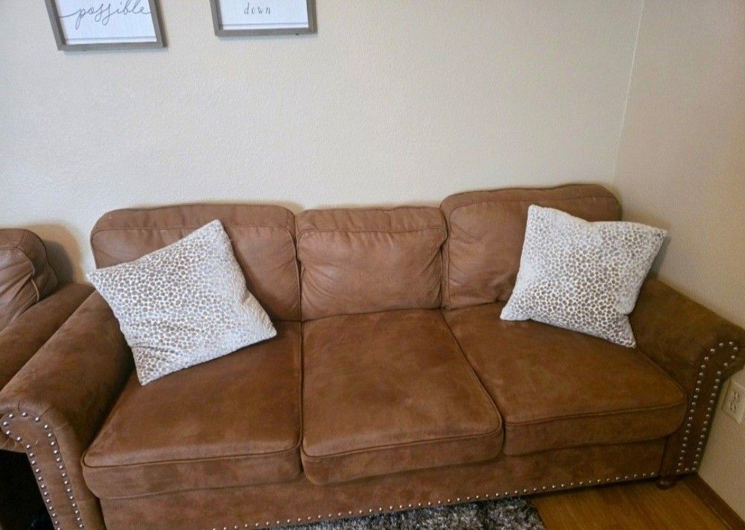 Modern Light Brown Suede Leather 3-Seater Couch