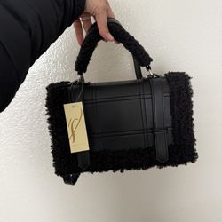 Black Faux Leather And curly fur Mini Top Handle bag