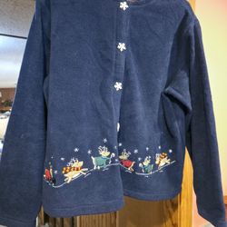 Blue C&B Sport Holiday Top With Ornate Snowflake Buttons And Holiday Designs.  Sz L