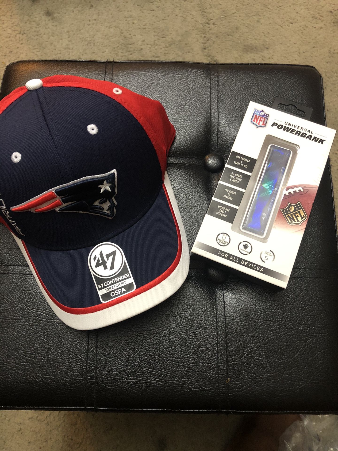 New England Patriots cap and portable charger