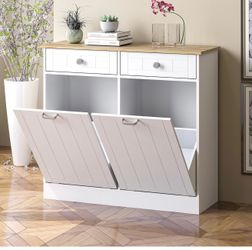 (Firm price)Double Tilt Out Trash Can Cabinet with Storage Drawers - Freestanding White Garbage Can Cabinet, 20 Gallon Hidden Trash Can Cabinet for Ki