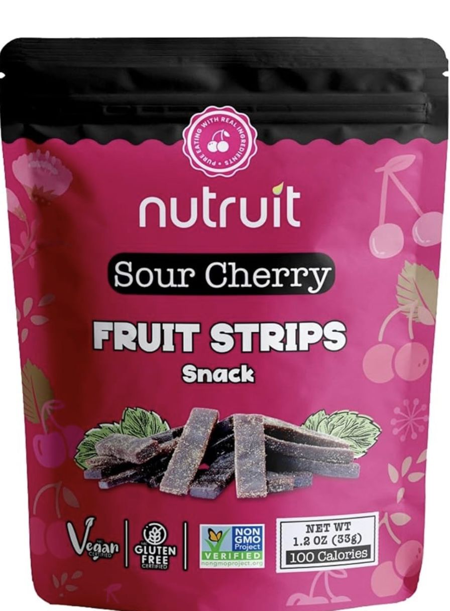 Sour Cherry Fruit Strips-Plant Based Healthy Snacks-Gluten Free, Non-GMO, Vegan-High Fiber Dried Fruit Snacks-20 Pack