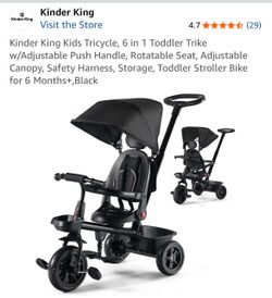 Toddler Trike With Push Handle , 6-in-1, Rotatable Seat, Adjustable Canopy, Safety Harness, Storage and More!