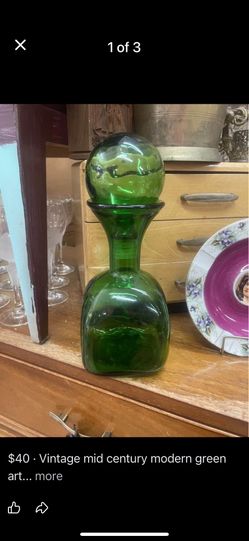 Vintage mid century modern green glass decanter