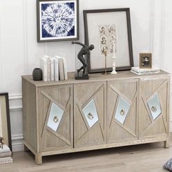 4 Door Mirrored Buffet Cabinet, Retro Sideboard Entryway Console Table Accent Cabinet with Shelves for Bedroom, Living Room, Office, Easy Assembly,