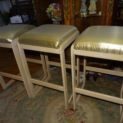 3 Golden Wooden Vintage Bar Stools 