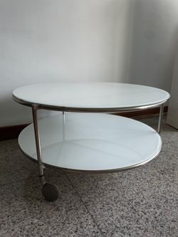 Round Two-Tier Glass Coffee Table with Wheels