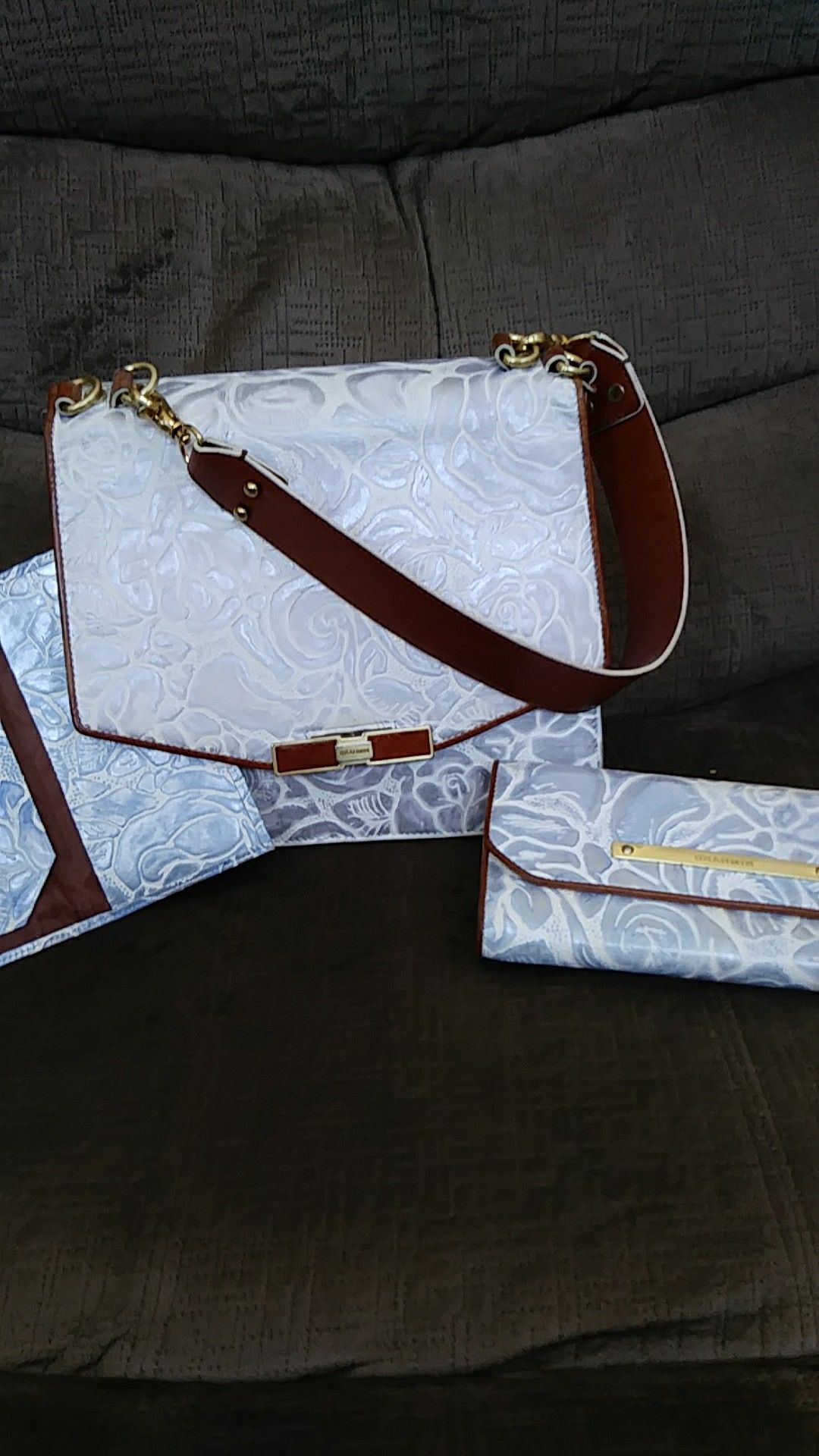 Brahmin Ophelia Lyon Hand Tote and Wallet with Metalic Floral pattern.