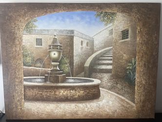 Beautiful Large Impressionist vintage Mediterranean courtyard fountain Oil Painting 48”x36” W. Adam Signed