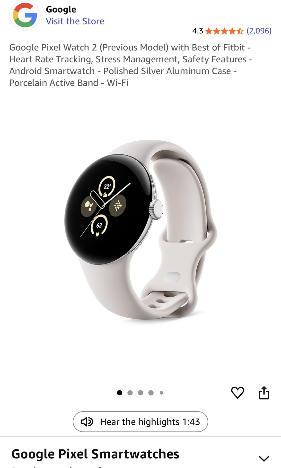 Google Pixel Watch 2 (Previous Model) with Best of Fitbit - Heart Rate Tracking, Stress Management, Safety Features - Android Smartwatch - Polished Si